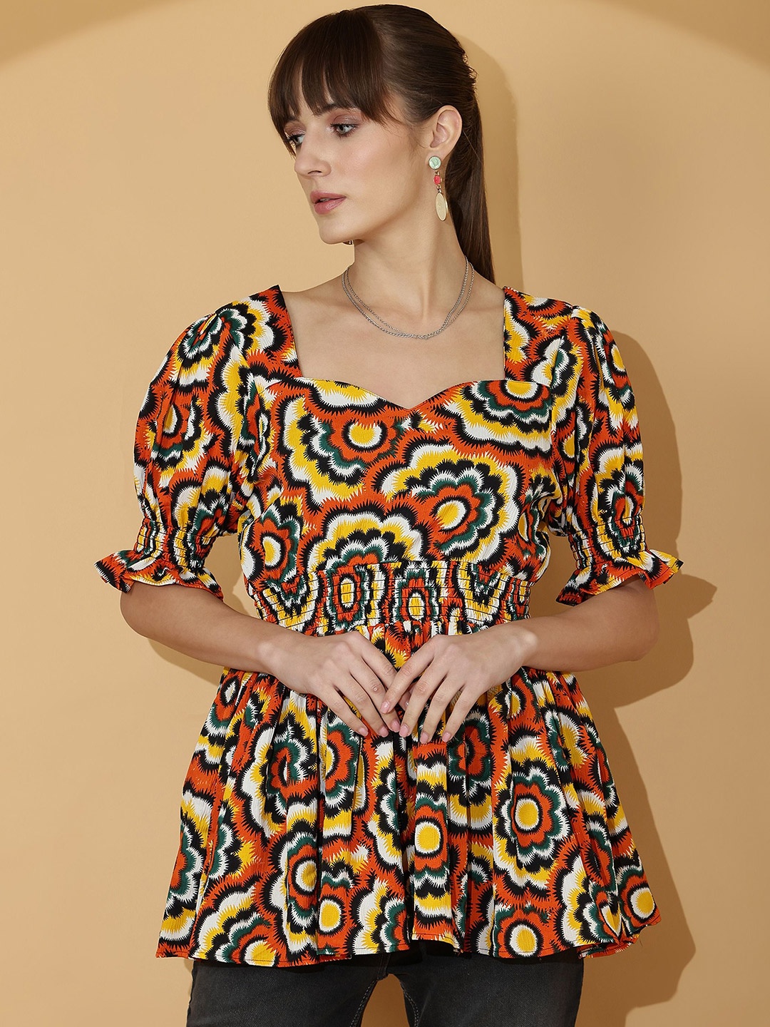 

De La Moda Floral Print Sweetheart Neck Puff Sleeve Crepe Top, Multi