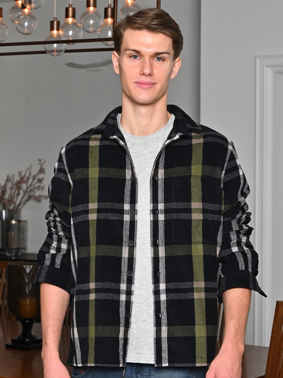 

POE Men Slim Fit Tartan Checks Opaque Checked Casual Shirt, Black