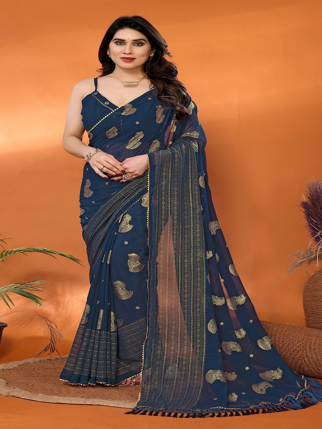 

CATCHY FOREVER Woven Design Gotta Patti Pure Georgette Saree, Teal