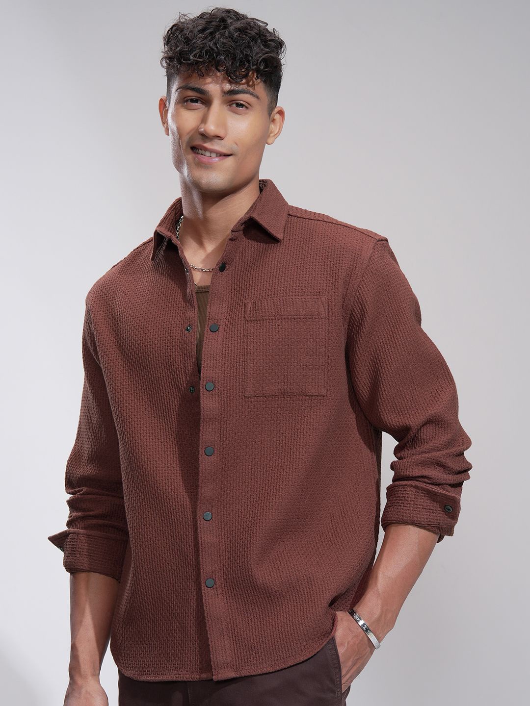 

HIGHLANDER Men Comfort Opaque Casual Shirt, Coffee brown