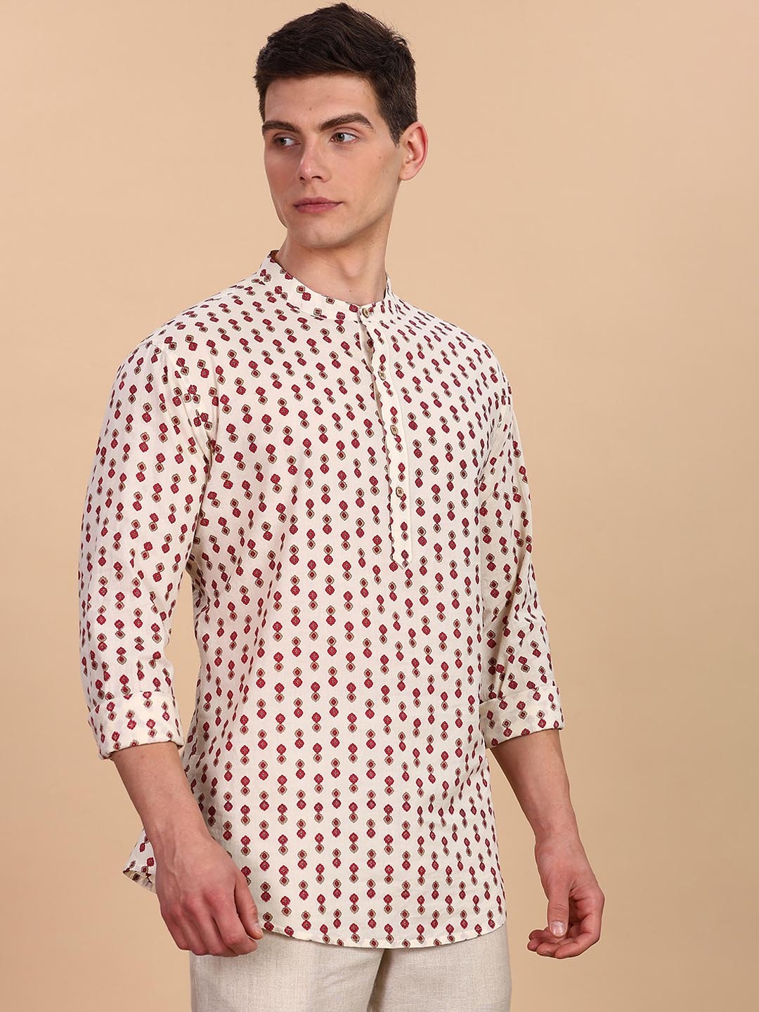 

Anouk Floral Printed Band Collar Pure Cotton Straight Short Kurta, White