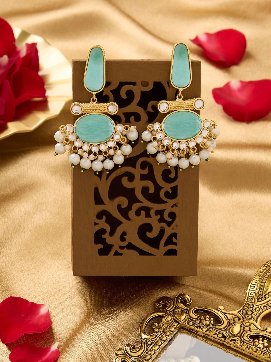 

Zaveri Pearls Gold-Plated Artificial Studded And Beaded Contemporary Shaped Drop Earrings