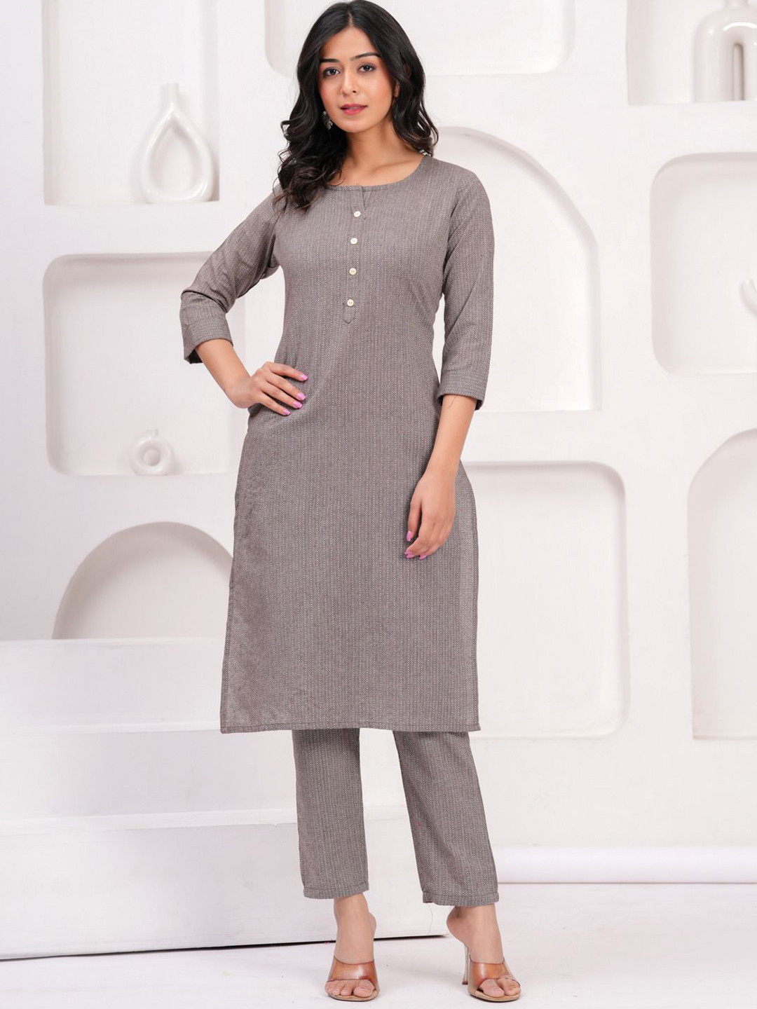 

Sarai Striped Round Neck Kantha Work Pure Cotton Straight Kurta With Trousers, Brown