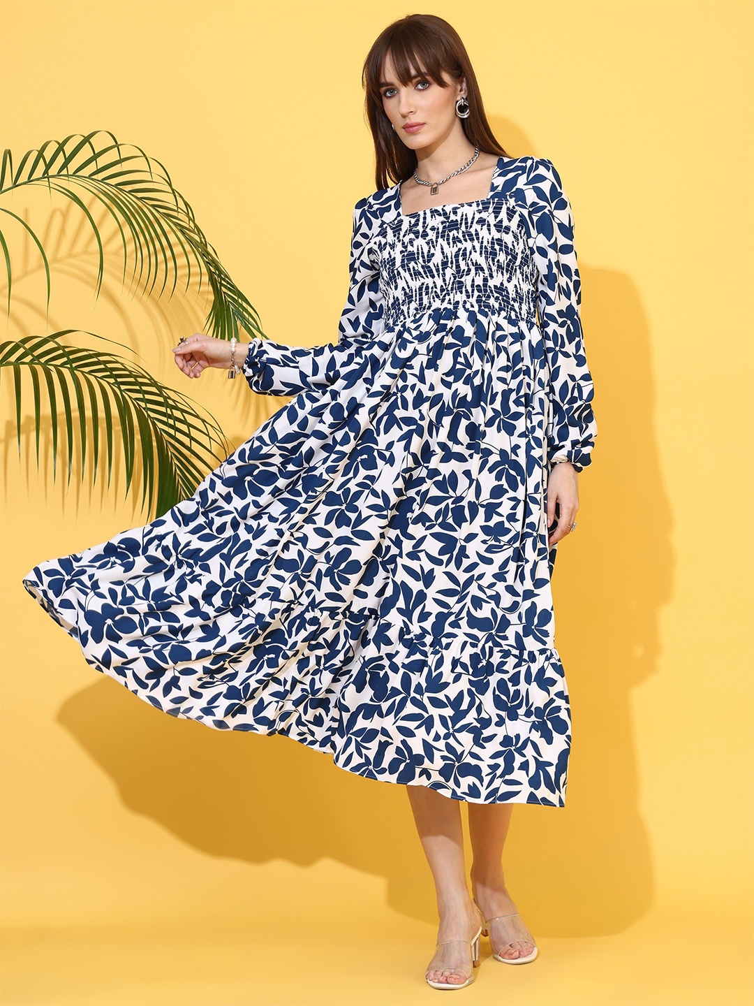 

De La Moda Floral Print Crepe Fit & Flare Midi Dress, Blue