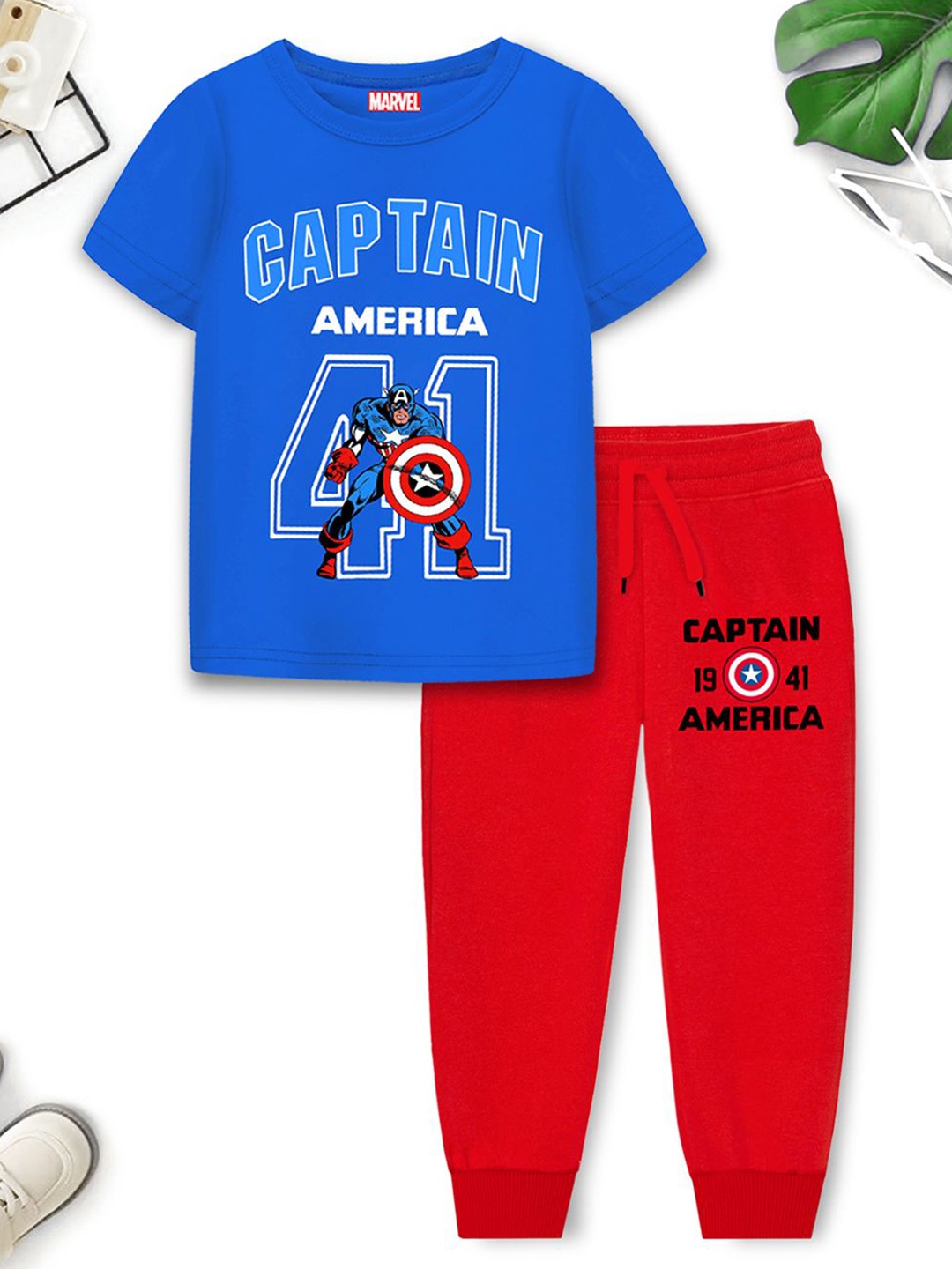 

YK Marvel Boys Captain America Printed Round Neck T-shirt With Joggers, Blue