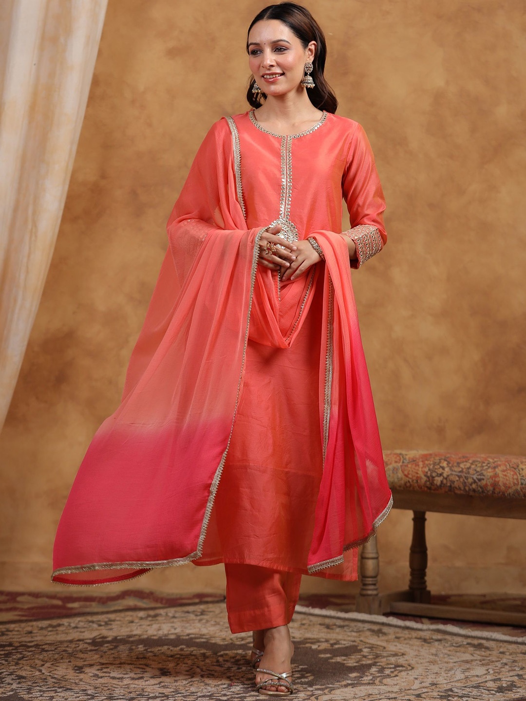 

KALINI Ethnic Motifs Yoke Design Chanderi Cotton Straight Kurta With Trouser & Dupatta, Peach