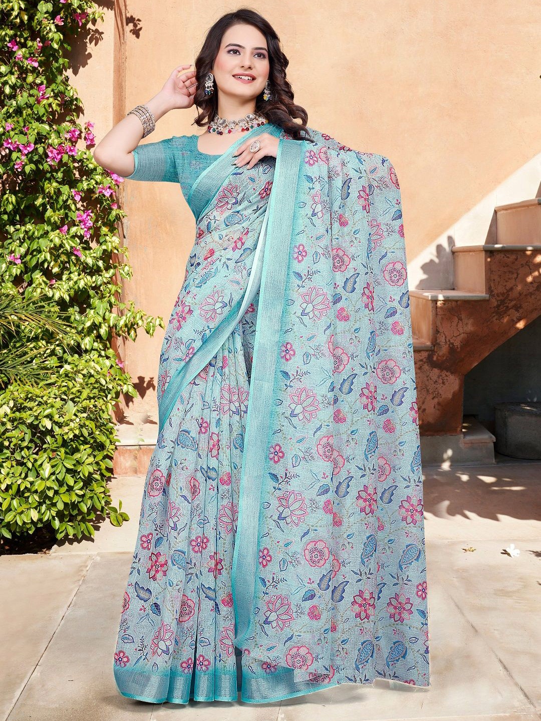 

Iris Floral Printed Zari Pure Cotton Saree, Blue