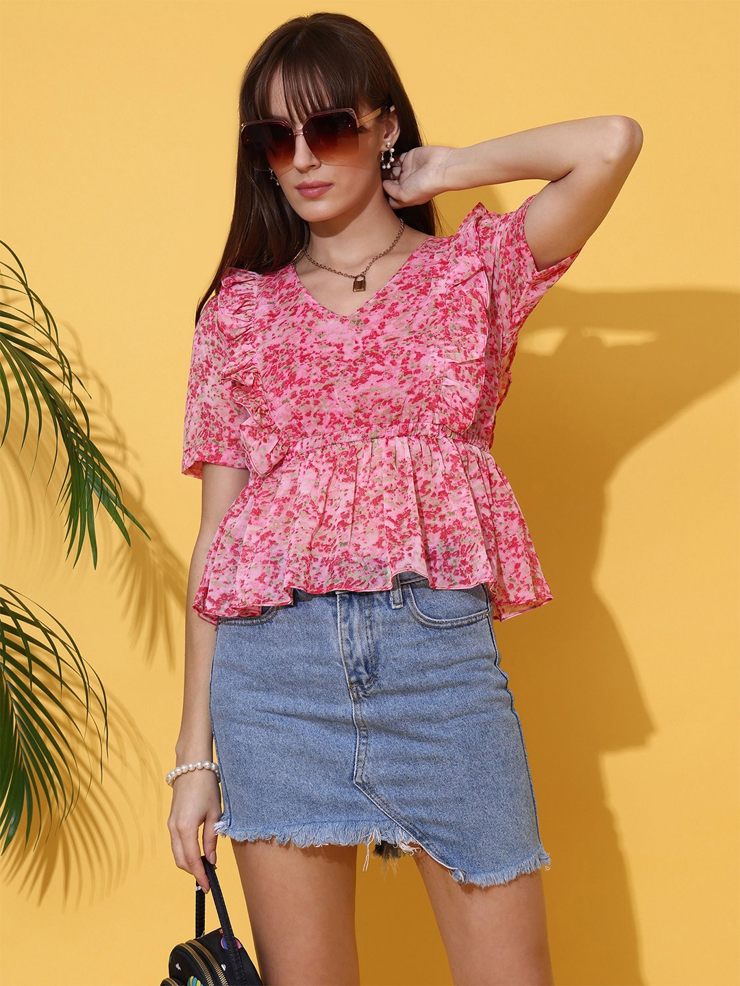 

De La Moda Floral Print Puff Sleeve Crepe Top, Pink