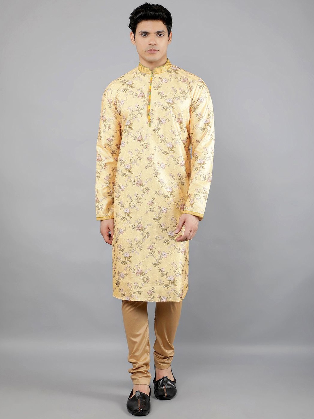 

Manish Creations Floral Woven Design Band Collar Kurta with Churidar, Yellow