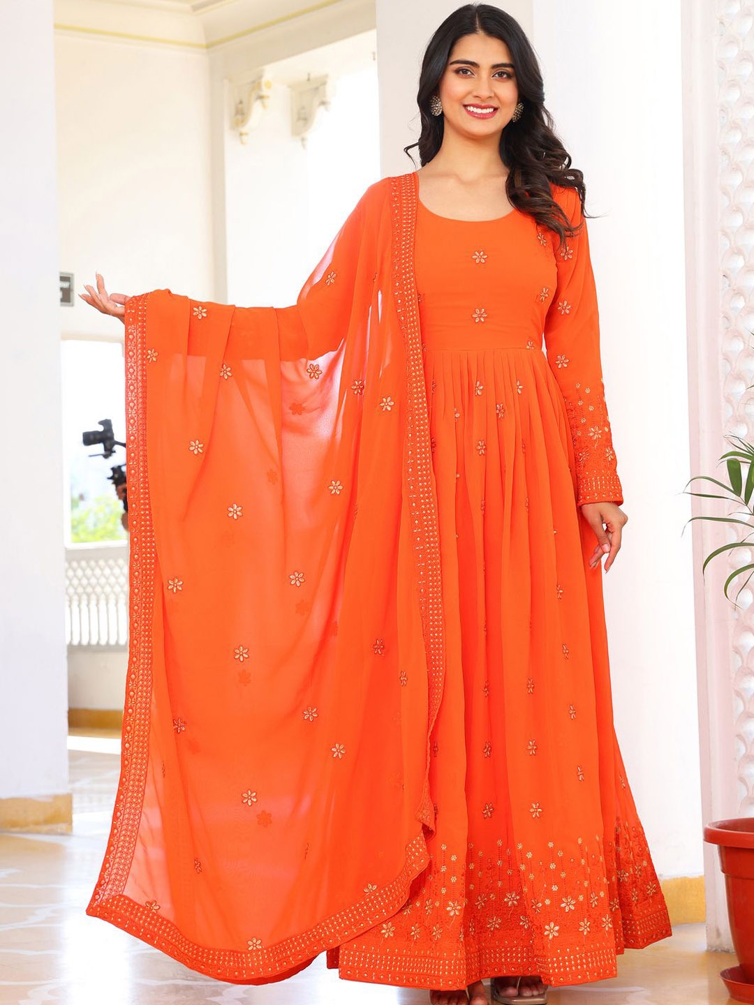 

KALINI Floral Embroidered Round Neck Zari Anarkali Kurta With Trousers & Dupatta, Orange