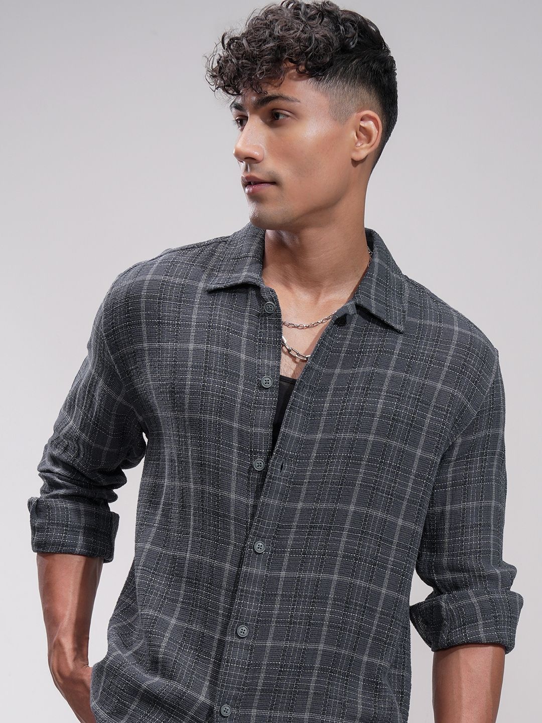 

HIGHLANDER Men Comfort Opaque Checked Casual Shirt, Grey