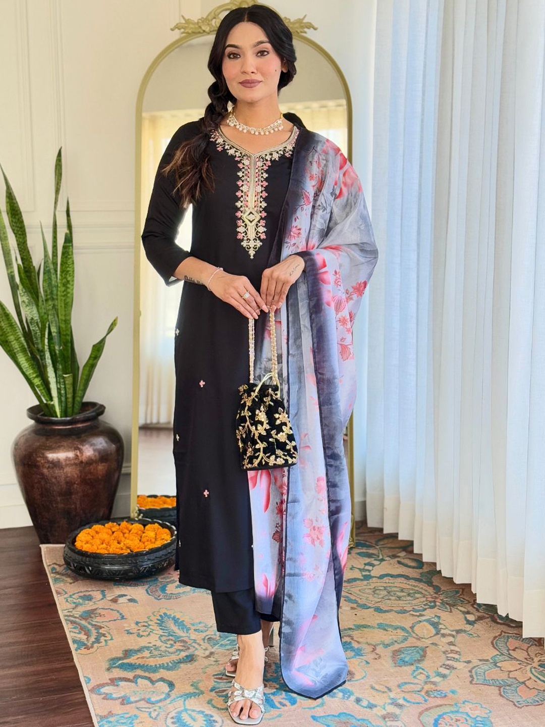 

KALINI Embroidered Thread Work Straight Kurta With Trousers & Dupatta, Black