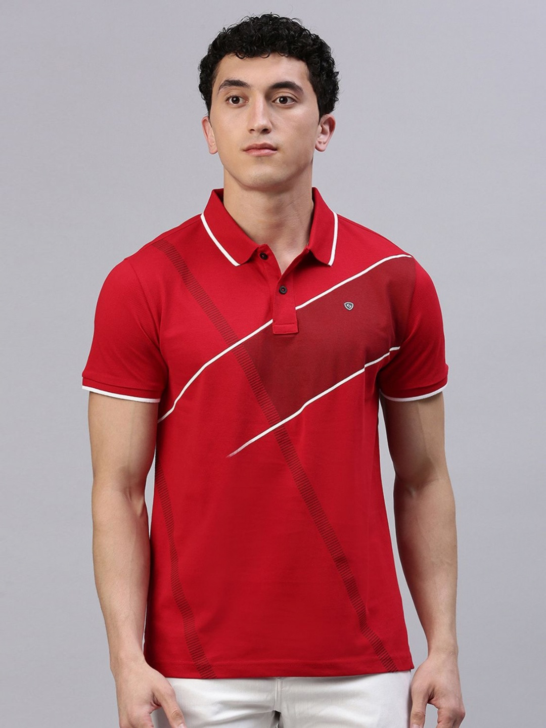 

Classic Polo Men Printed Polo Collar Extended Sleeves Applique Slim Fit T-shirt, Red
