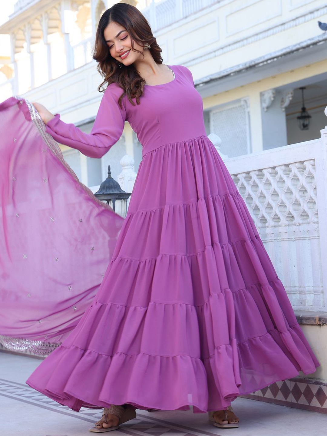 

Ethnic Yard Layered Georgette Kurta With Pyjamas And Dupatta, Purple