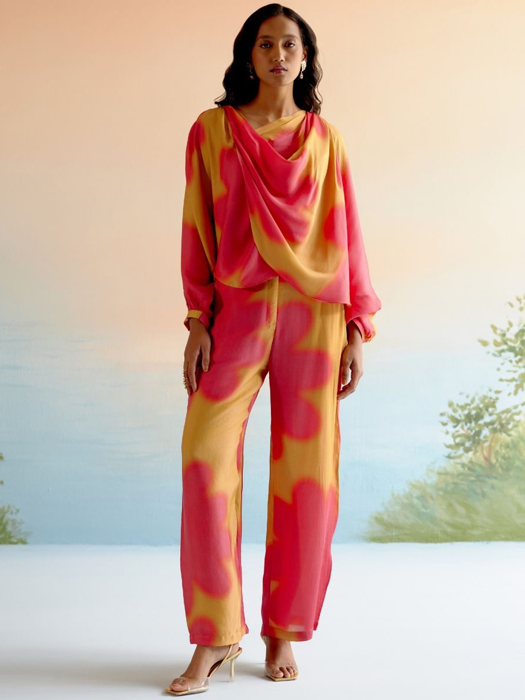 

ECHO STUDIO Ruby Printed V-Neck Top With Trousers, Yellow