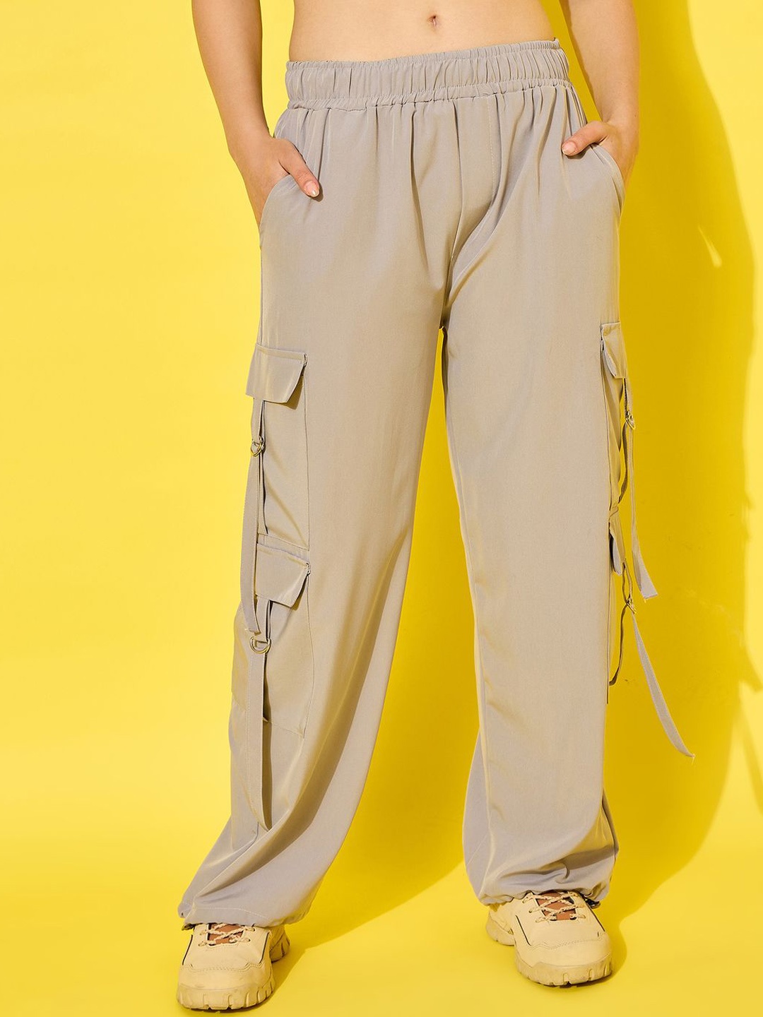 

Dimpy Garments Women Relaxed Loose Fit High-Rise Flat-Front Cargos Trousers, Grey