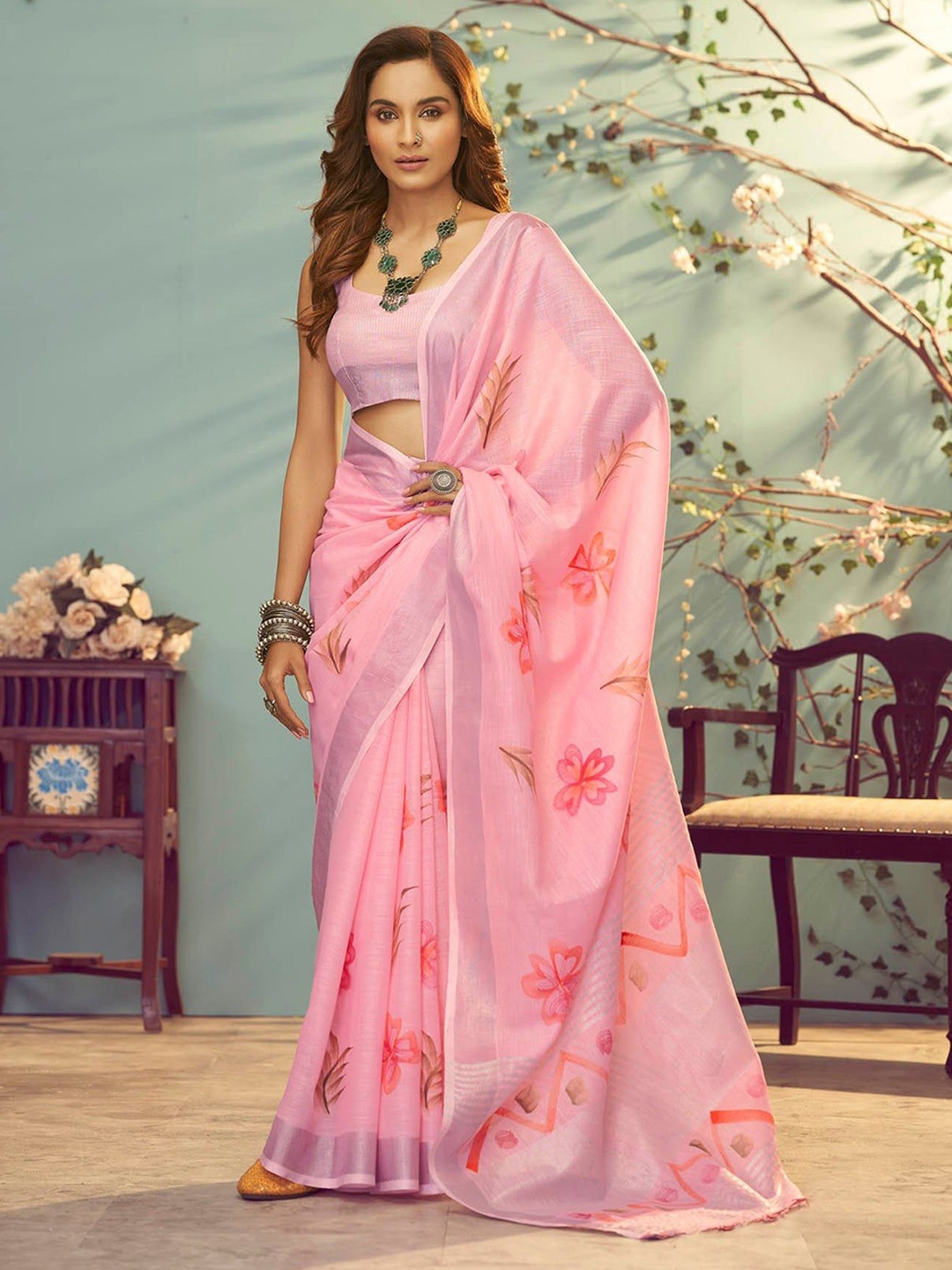 

Iris Floral Pure Cotton Saree, Pink