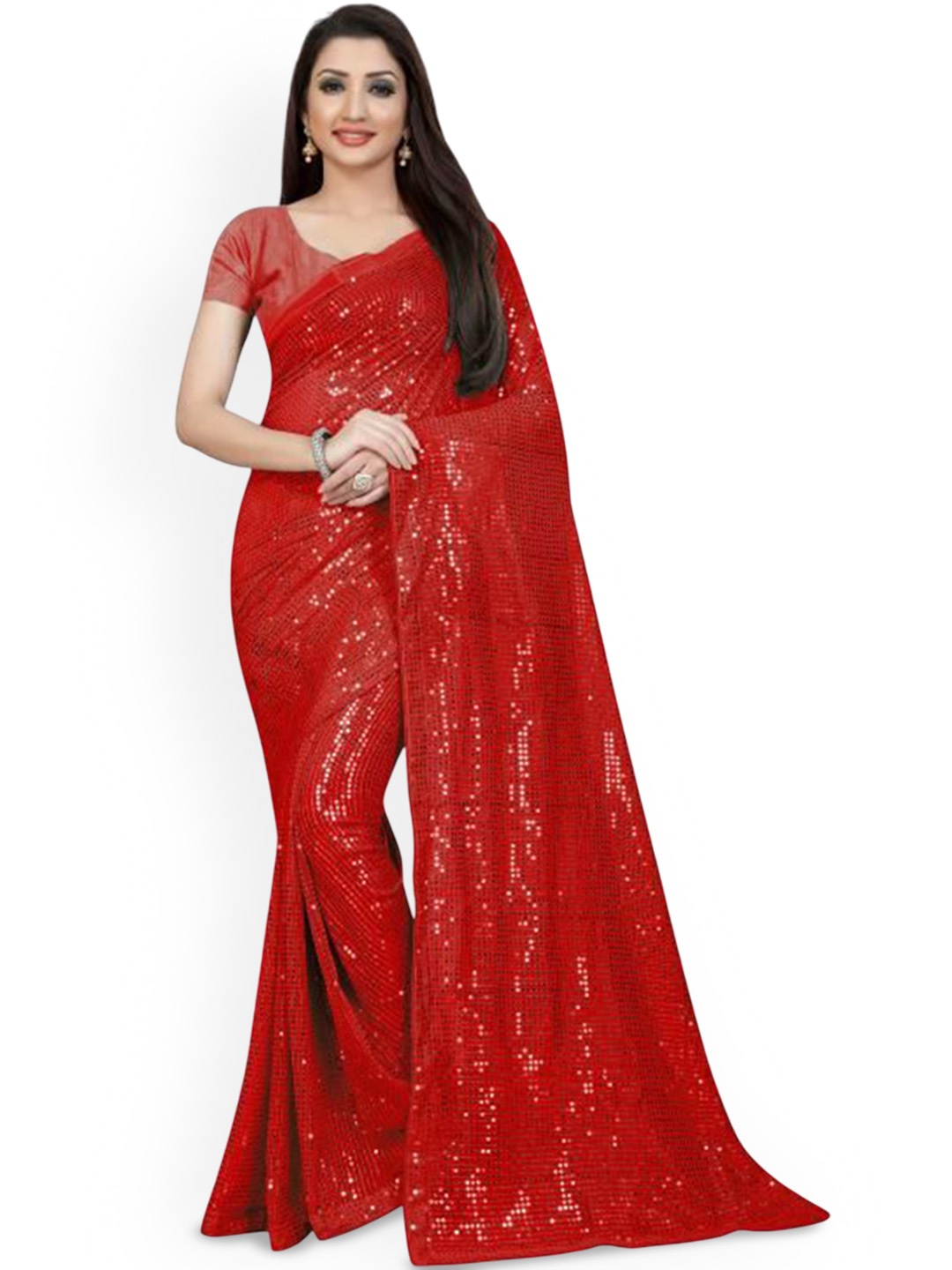 

THE52 Embellished Sequinned Saree With Blouse, Red