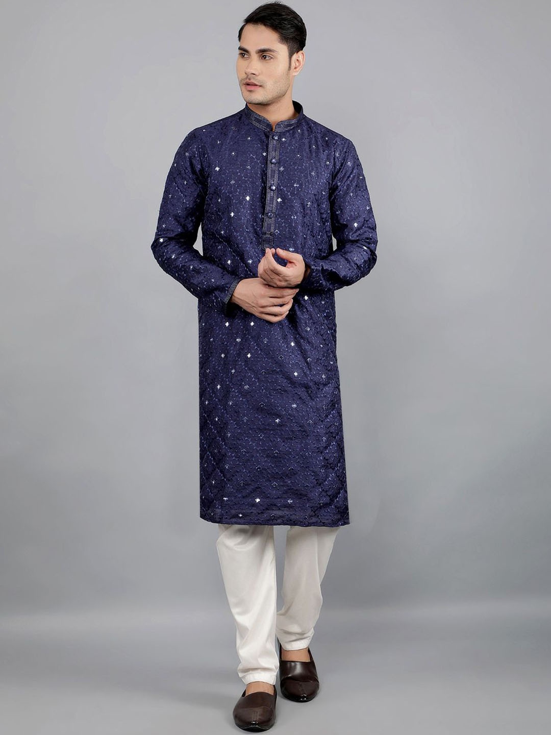 

Manish Creations Ethnic Motifs Embroidered Band Collar Jacquard Kurta with Churidar, Navy blue