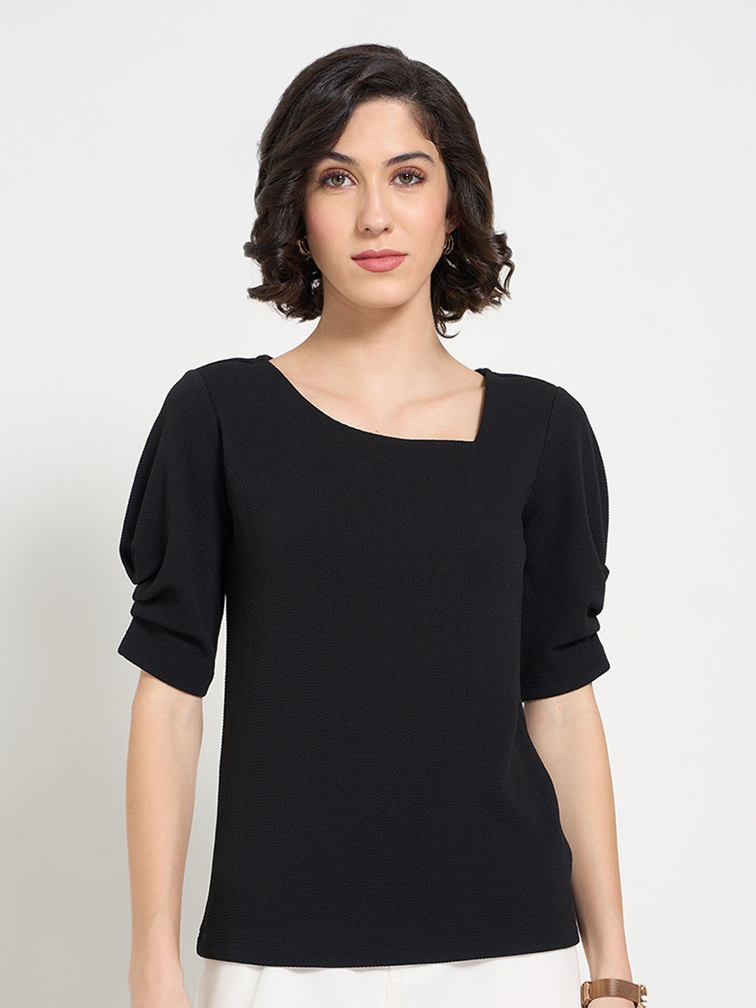 

Annabelle by Pantaloons One Shoulder Roll-Up Sleeves Top, Black