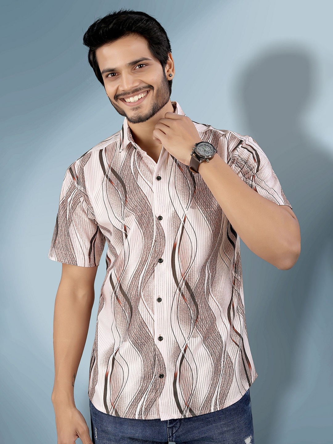 

Metronaut Men Semi Sheer Printed Casual Shirt, Brown