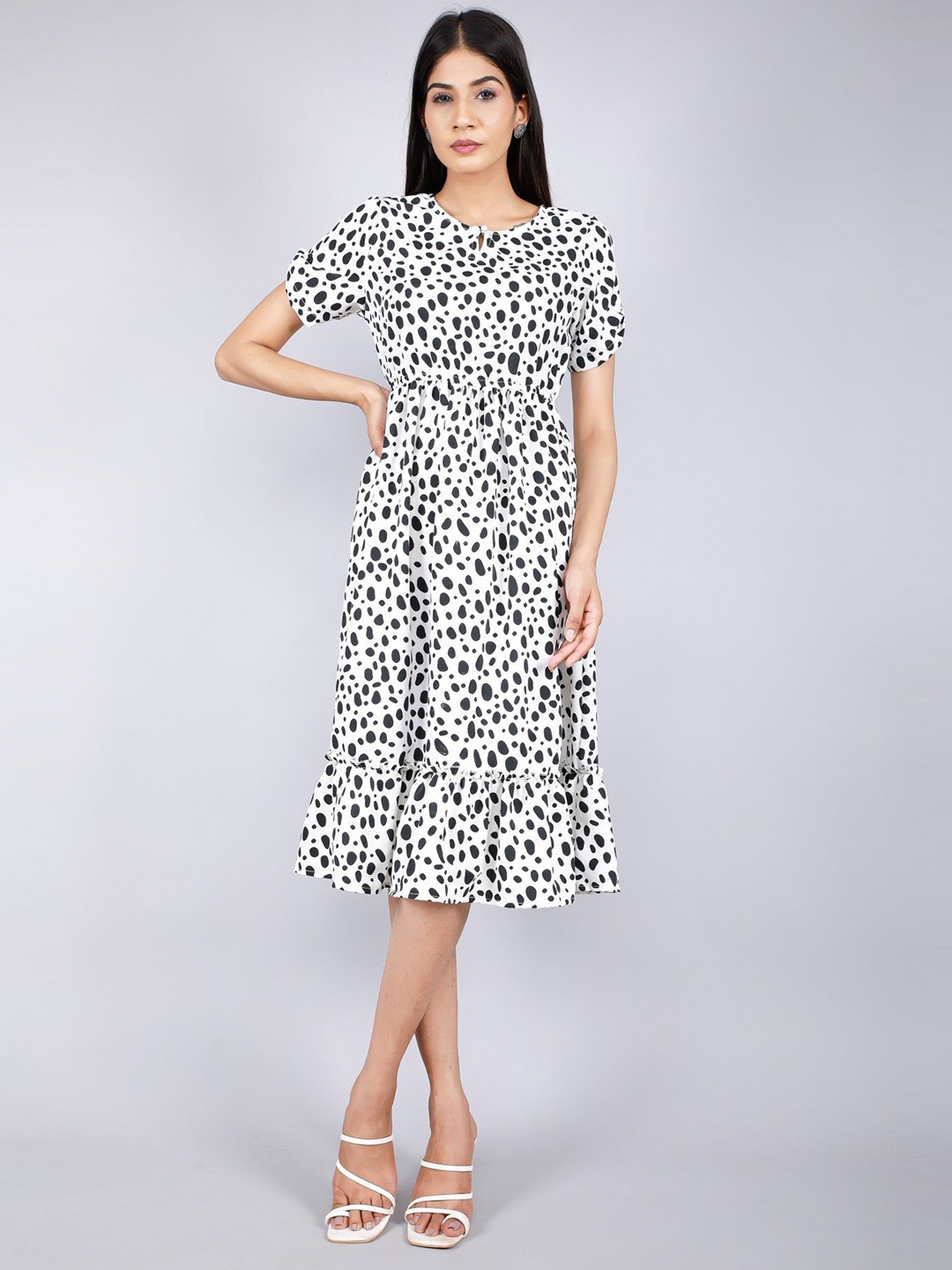 

JAIPURI LIBAS Polka Dot Print Crepe A-Line Dress, White