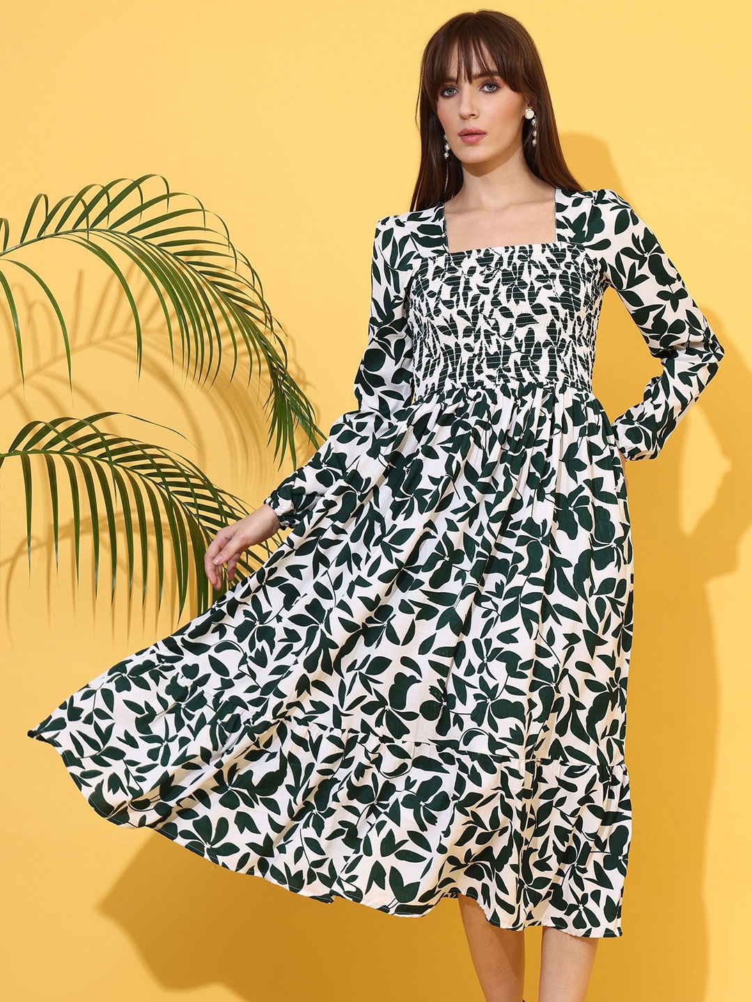 

De La Moda Floral Print Crepe Fit & Flare Midi Dress, Green