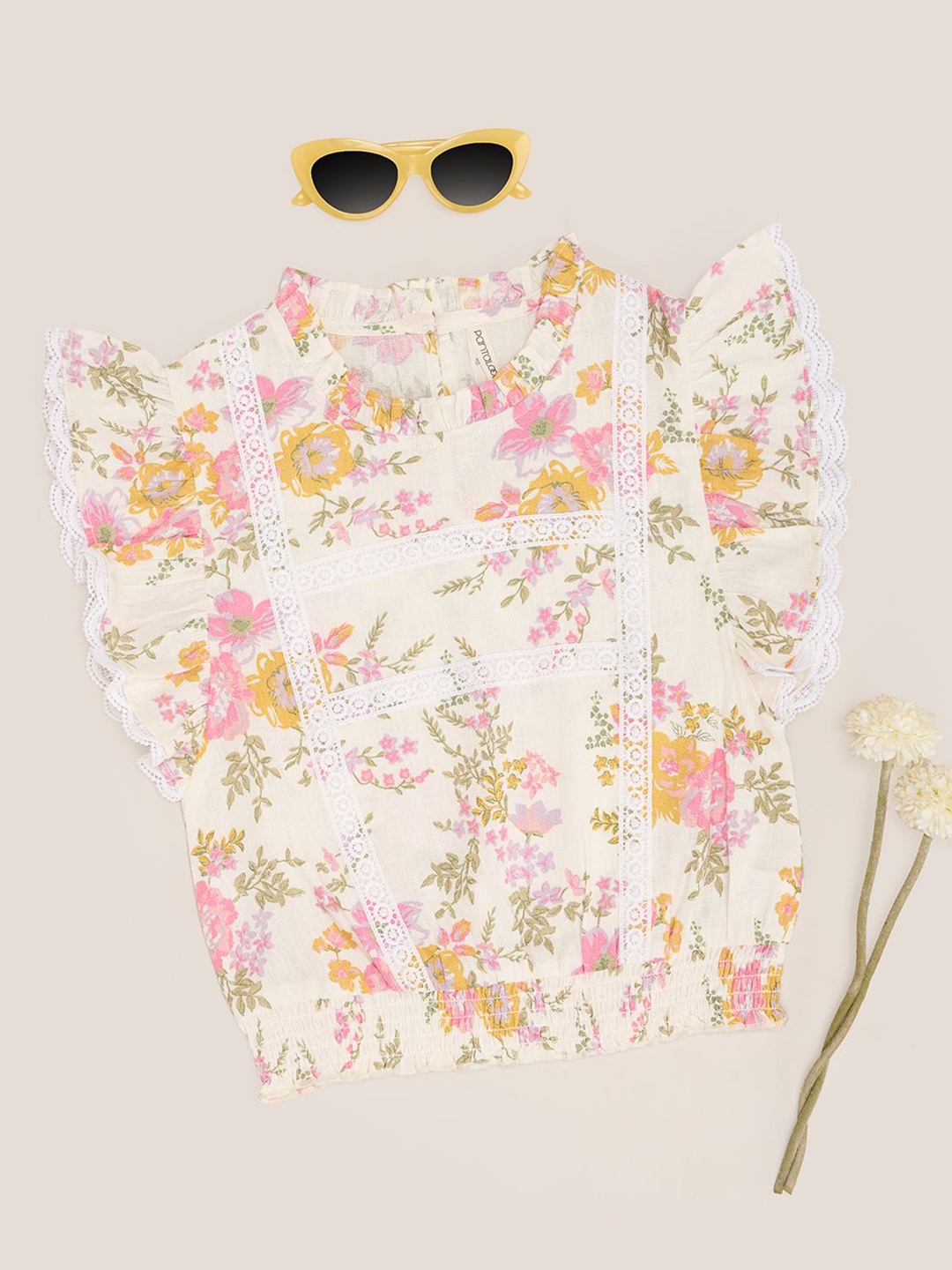 

Pantaloons Junior Floral Print Mandarin Collar Cold-Shoulder Blouson Top, Off white