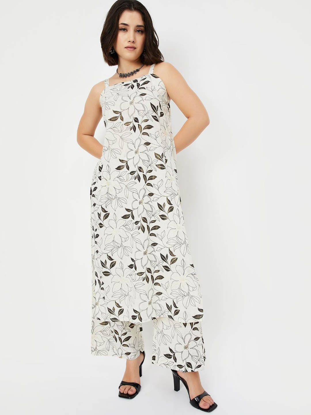 

maxFloral Printed Shoulder Straps Sleeveless Straight Kurta with Palazzo, Off white