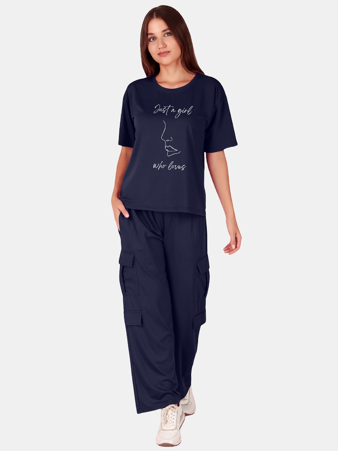 

Fasense Printed Round Neck Oversized T-Shirt & Trousers, Blue