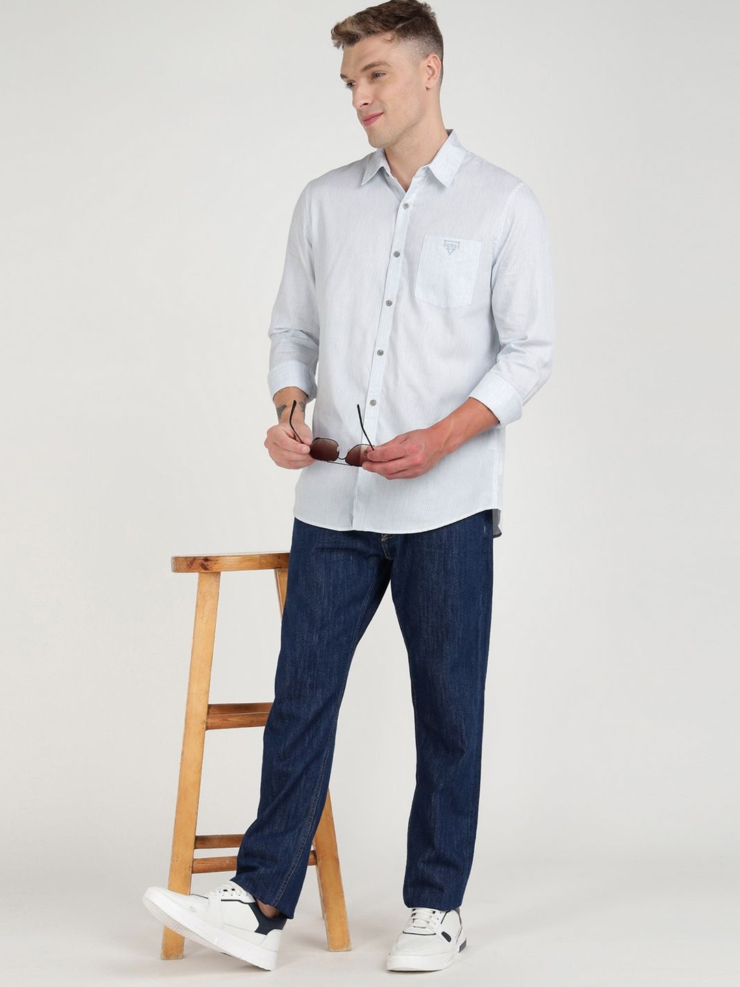 

GUESS Men Opaque Striped Casual Shirt, Blue