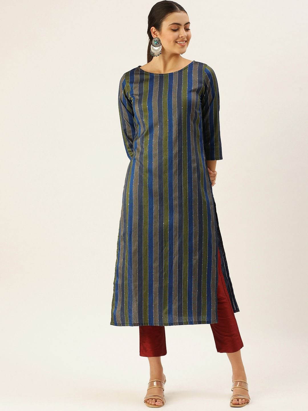 

DIVASTRI Striped Round Neck Cotton Straight Kurta, Green