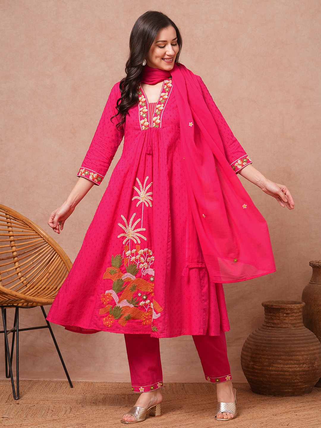 

FASHOR Floral Embroidered Thread Work Pure Cotton A-Line Kurta With Pant & Dupatta, Pink