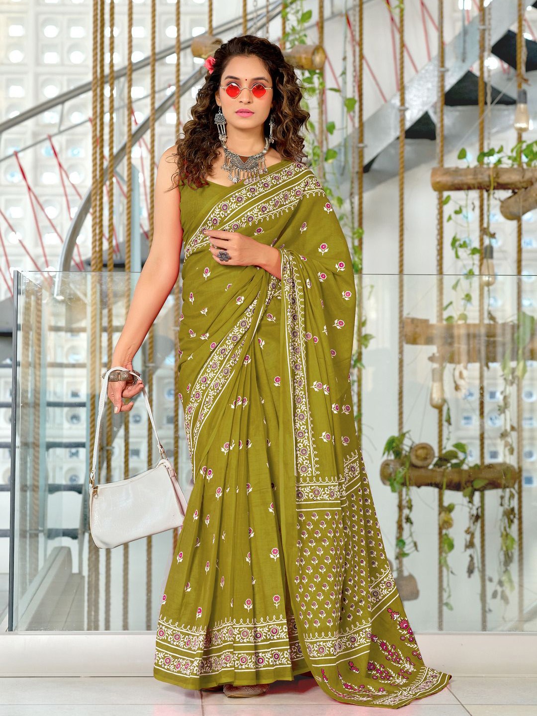 

Anouk Floral Pure Cotton Ready to Wear Saree, Olive