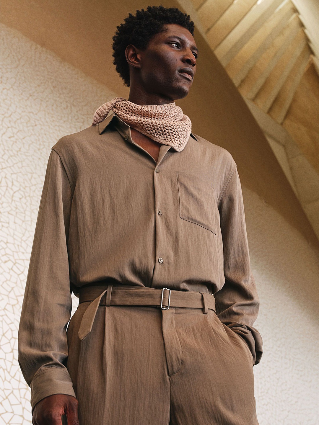 

H&M Loose Fit Satin Shirt, Beige