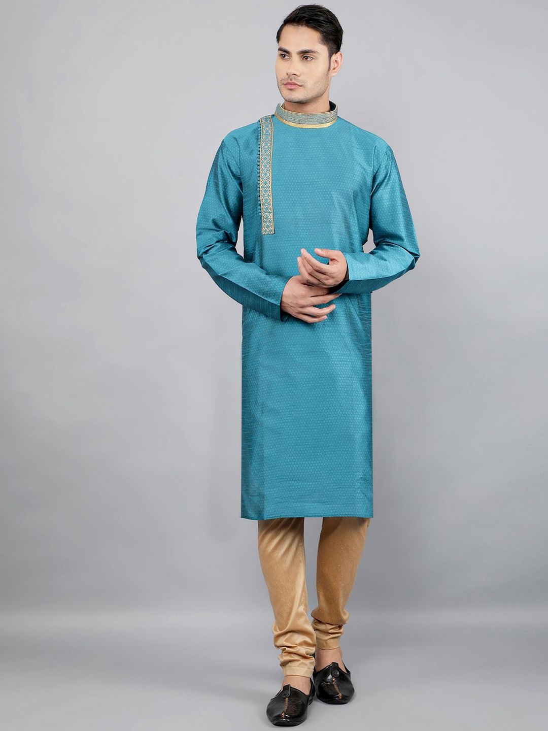 

Manish Creations Geometric Woven Design Band Collar Jacquard Kurta with Churidar, Blue