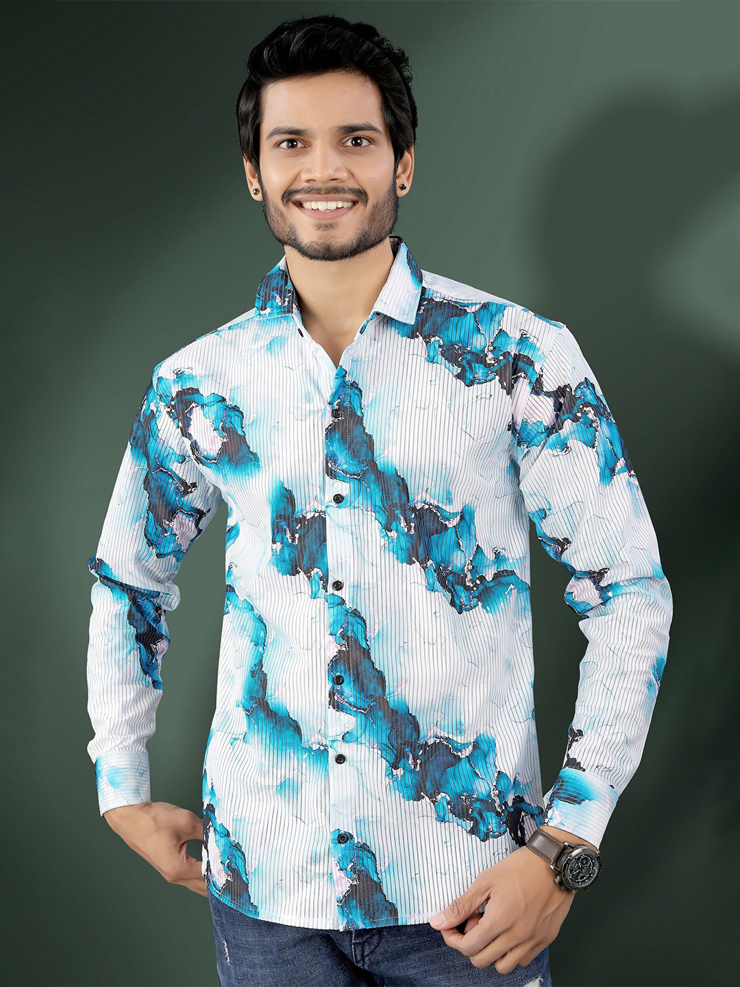 

Metronaut Men Semi Sheer Printed Casual Shirt, Turquoise blue