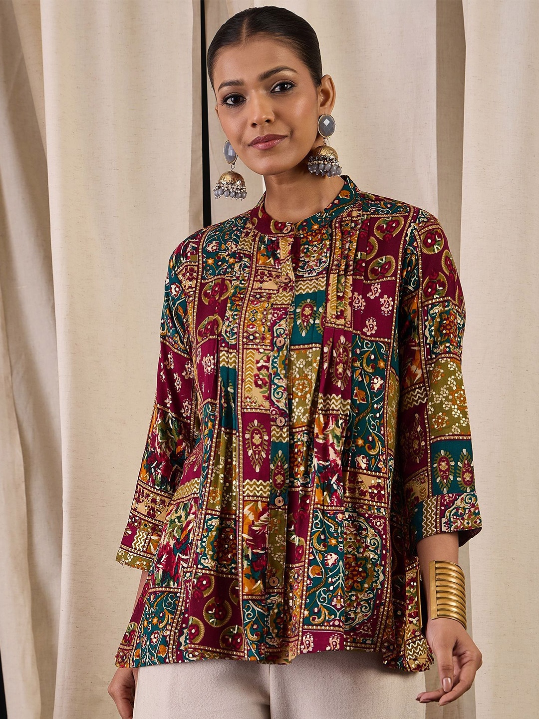 

Anouk Women Ethnic Motifs Printed Mandarin Collar A-Line Kurti, Green