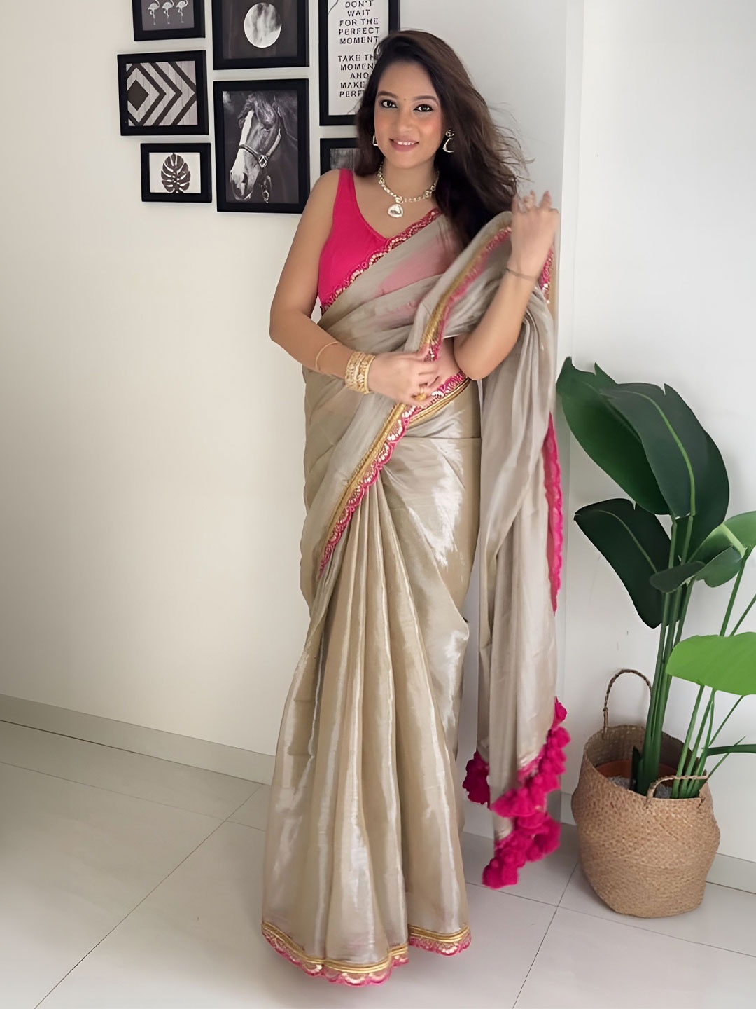 

Moda Rapido Embroidered Border Silk Saree With Unstitched Blouse Piece, Pink