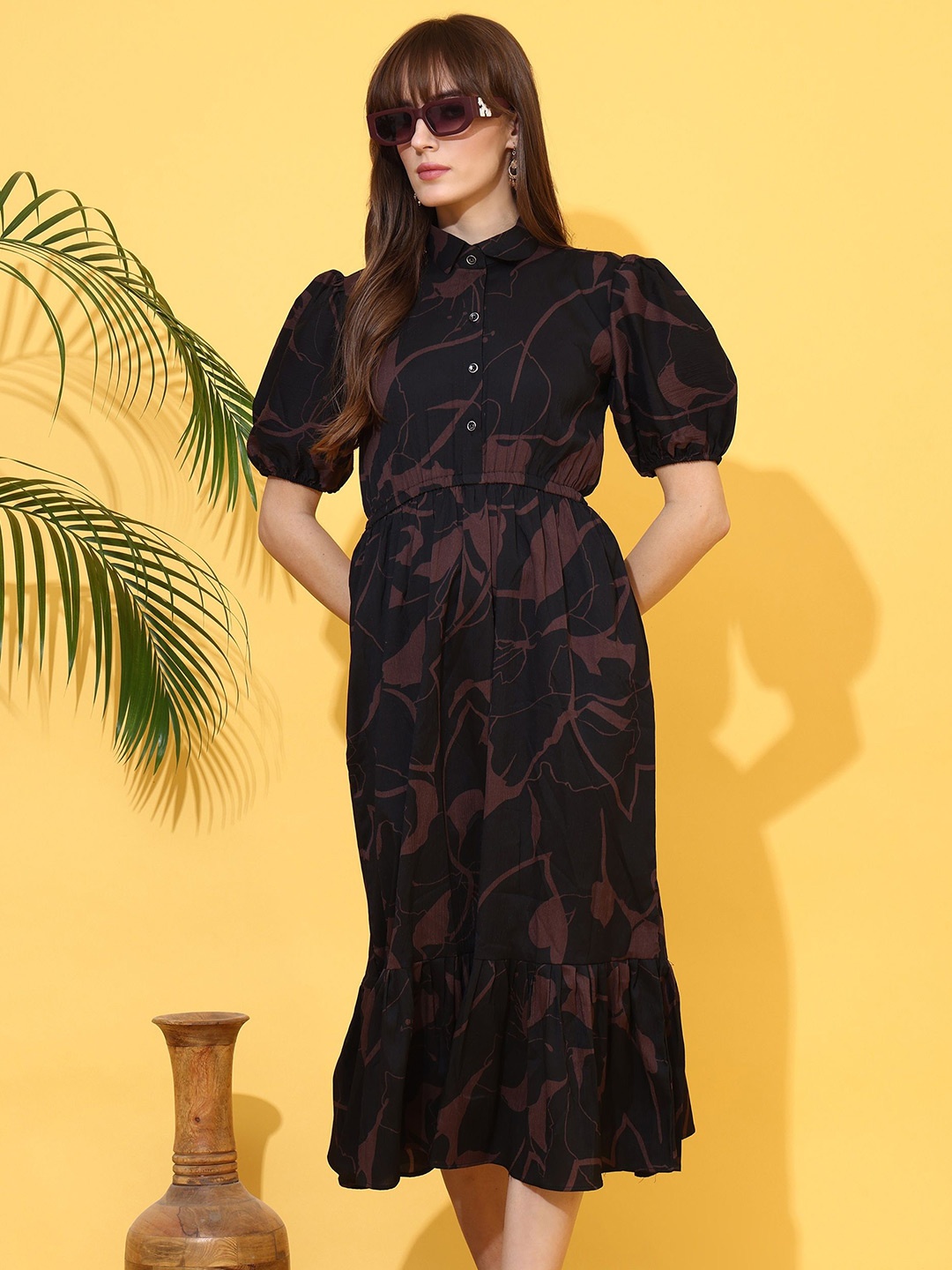 

De La Moda Floral Print Puff Sleeve Crepe Fit & Flare Midi Dress, Black