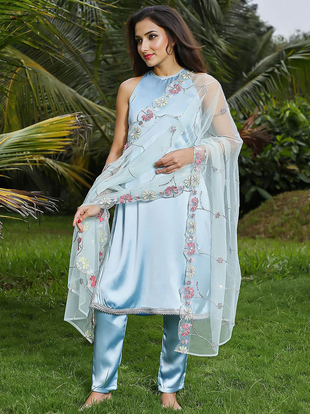 

QISSA Satin Halter Neck A-Line Kurta With Trousers And Dupatta, Blue