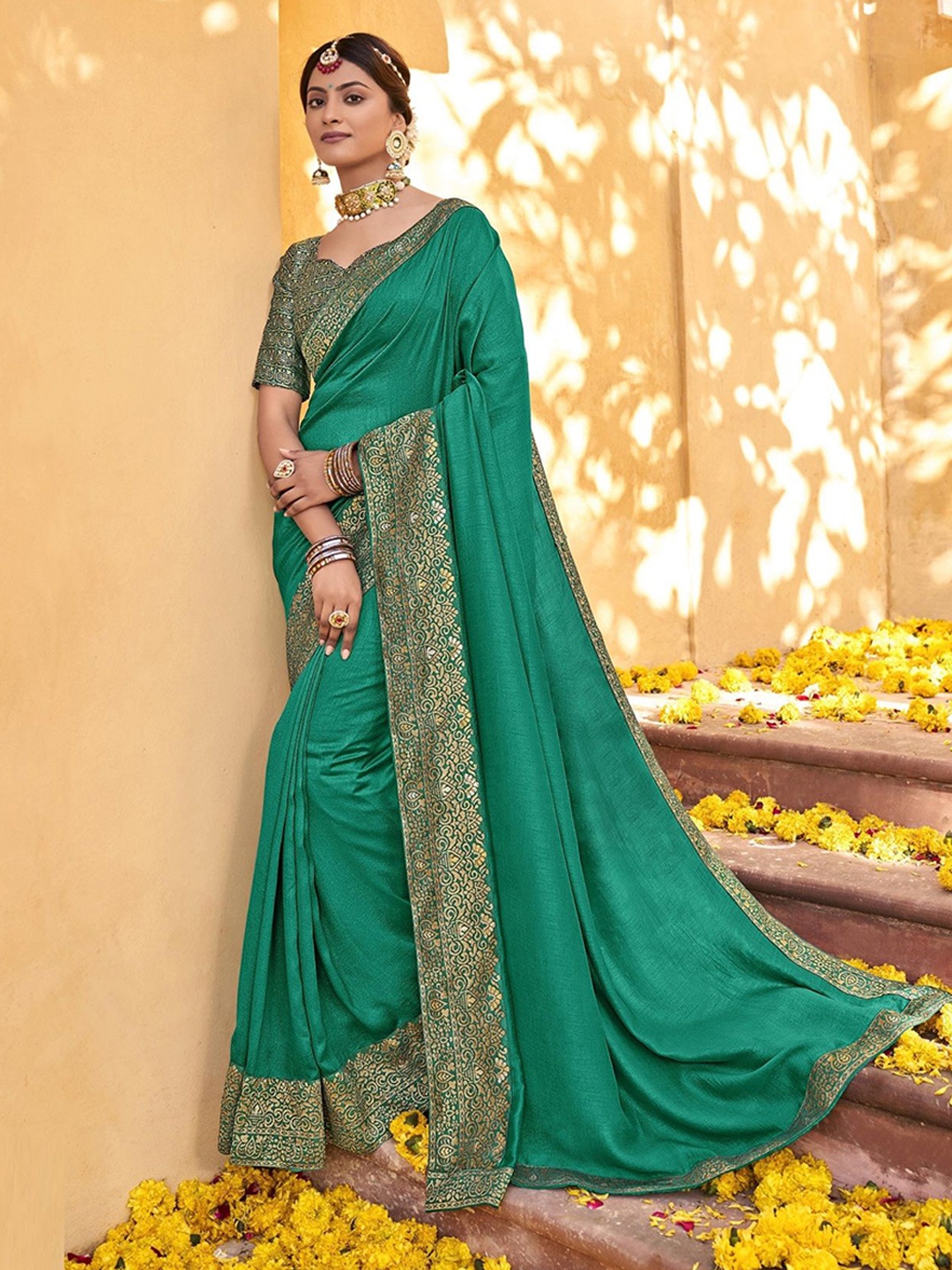 

MAHALASA Zari Embroidered Saree With Unstitched Blouse Piece, Sea green