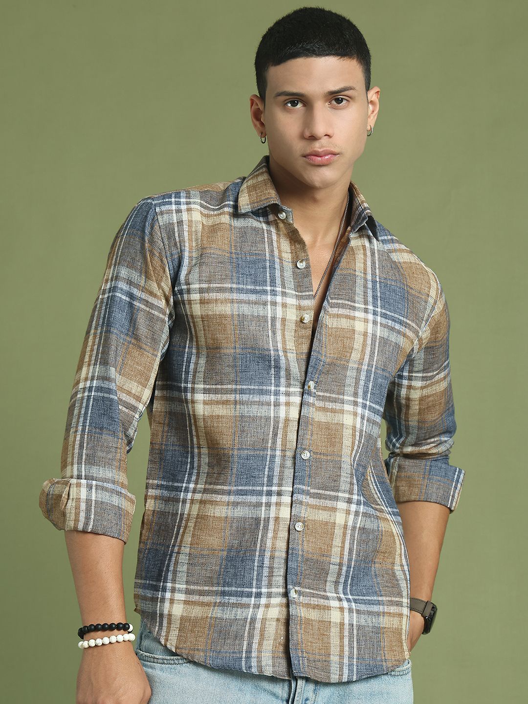 

Indian Needle Men Classic Windowpane Checks Opaque Checked Casual Shirt, Brown