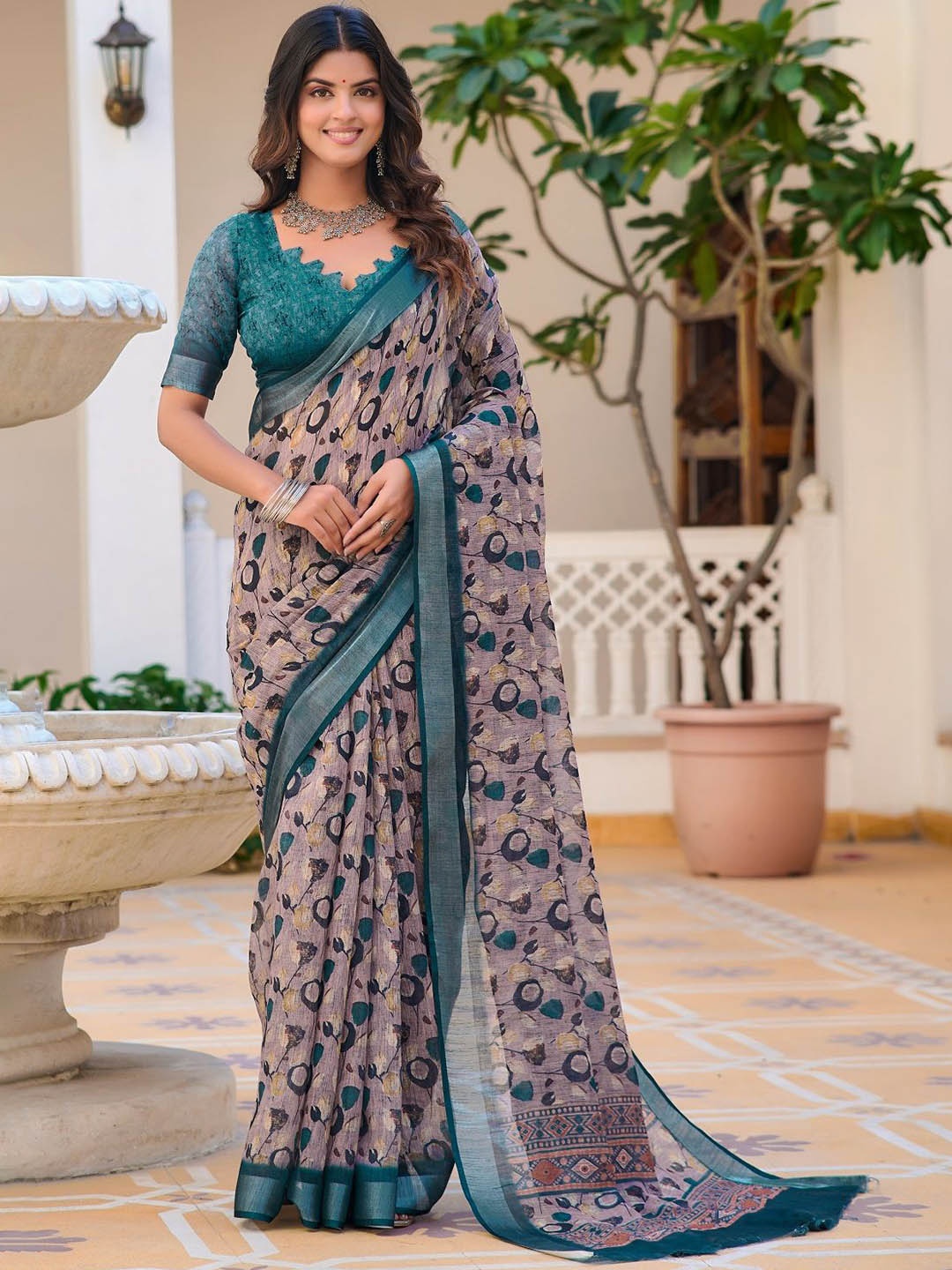 

Iris Floral Printed Cotton Saree With Unstitched Blouse Piece, Blue