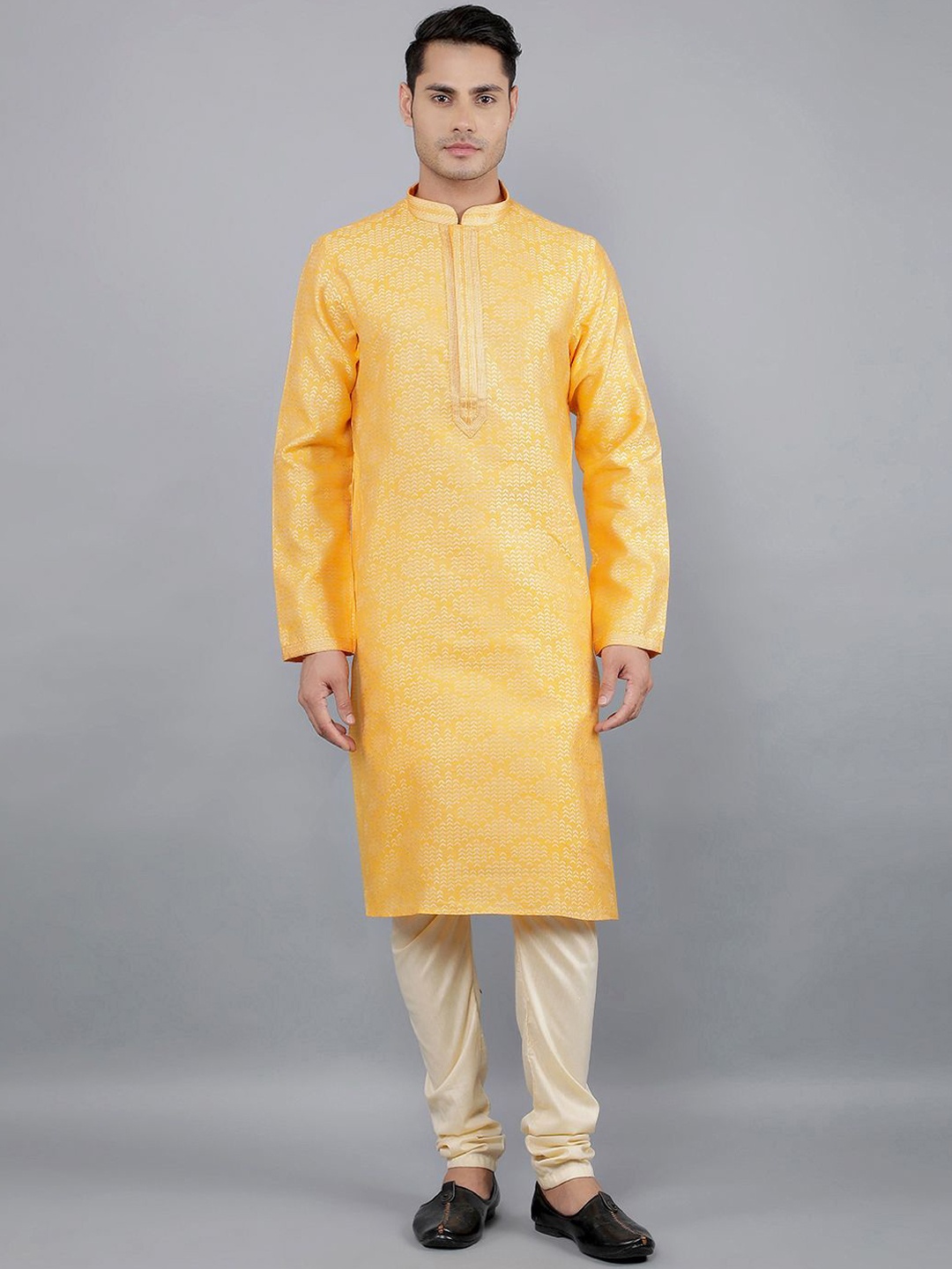 

Manish Creations Geometric Woven Design Band Collar Jacquard Kurta with Churidar, Mustard