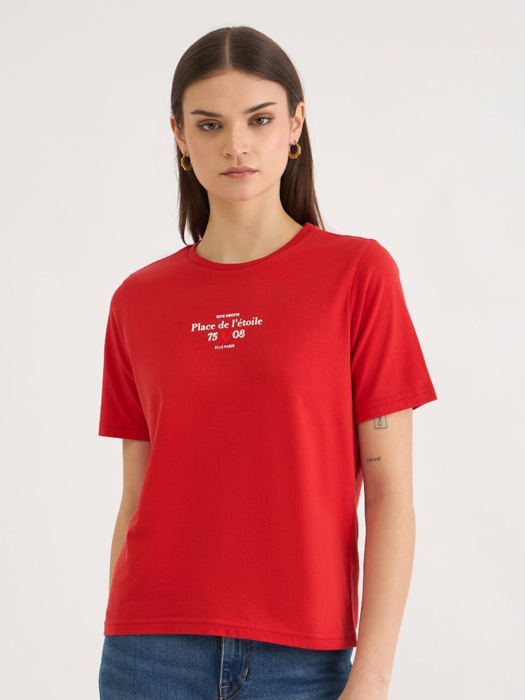

ELLE Women Pure Cotton Pockets T-shirt, Red