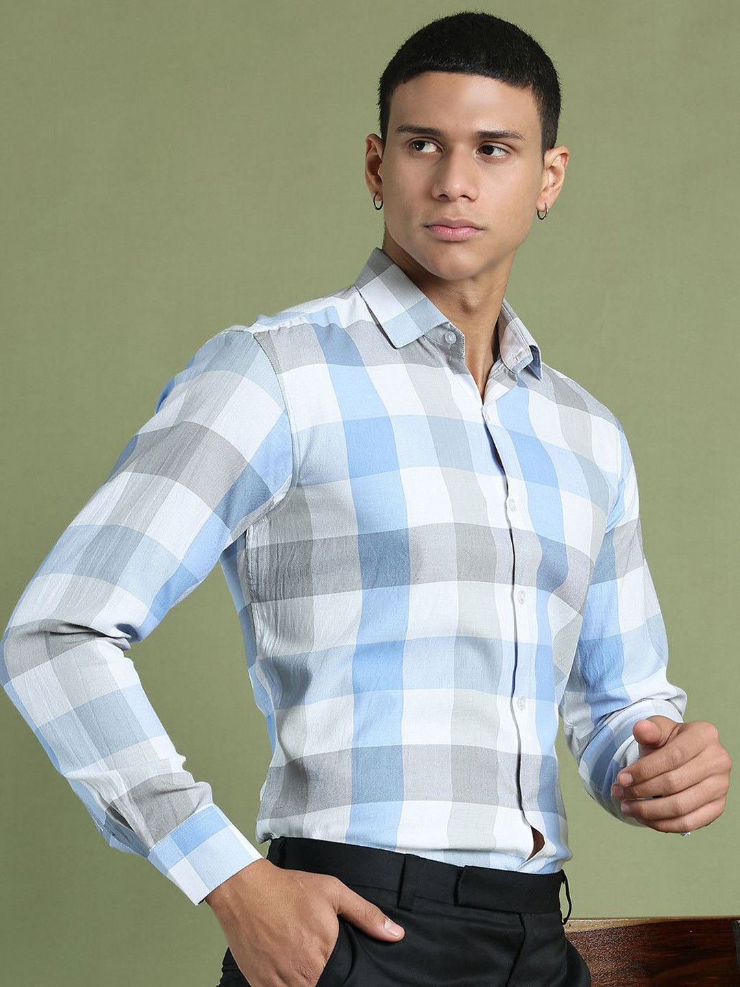 

Indian Needle Men Classic Opaque Checked Formal Shirt, Blue