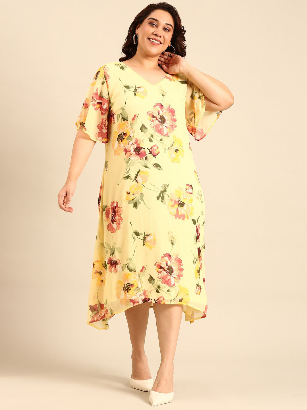 

The Pink Moon Floral Print Bell Sleeve Chiffon A-Line Dress, Yellow