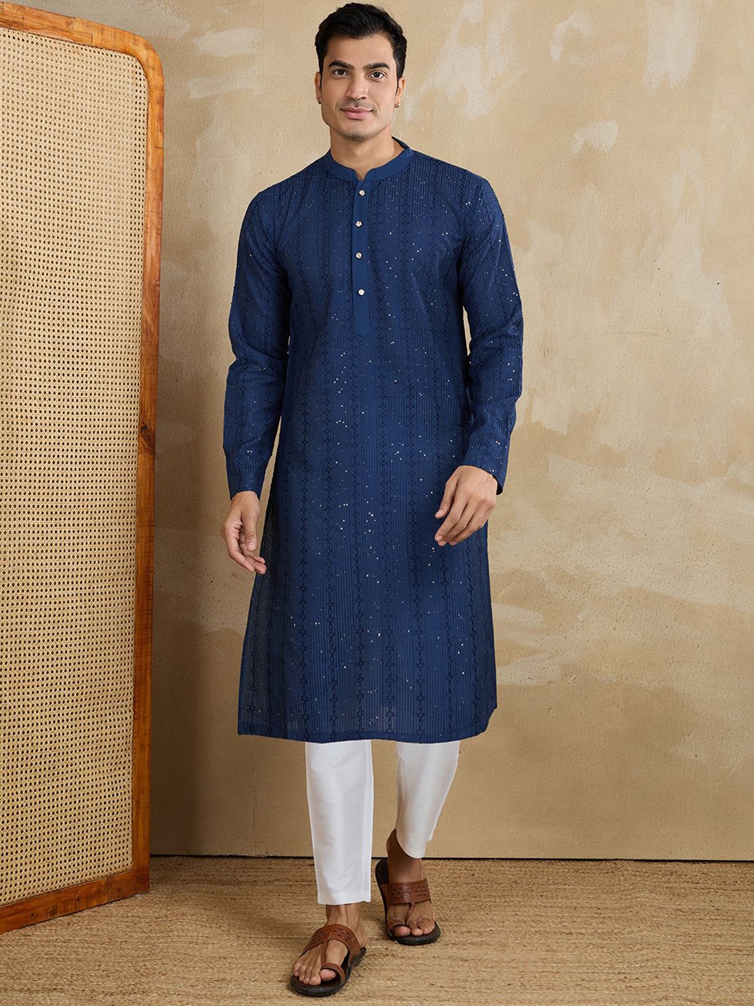 

Inddus Striped Embroidered Mandarin Collar Thread Work Straight Kurta With Trousers, Navy blue