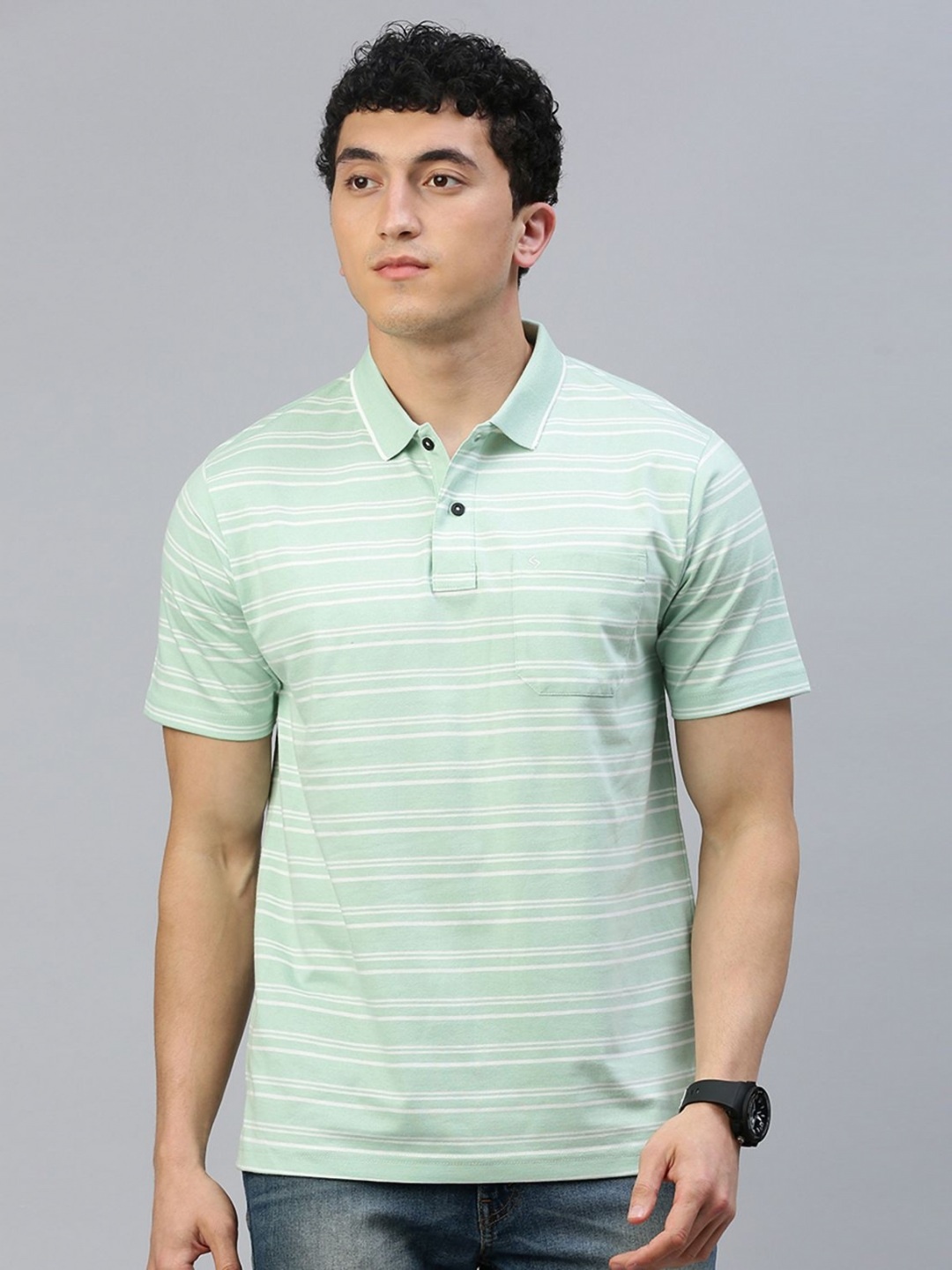 

Classic Polo Men Striped Polo Collar Pockets T-shirt, Green